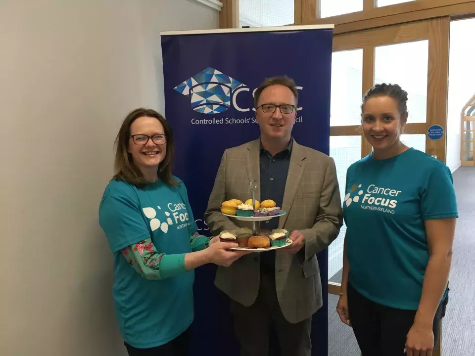 Sara McCracken CSSC, Peter Hamill and Louise Greer Cancer Focus NI