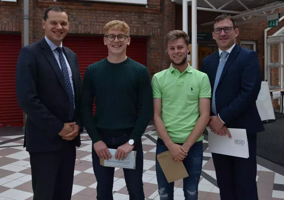 Banbridge Academy students celebrating results with Principal and CCEA Chief Executive