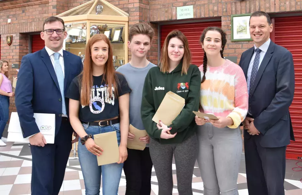 Banbridge Academy students celebrating results with Principal and CCEA Chief Executive