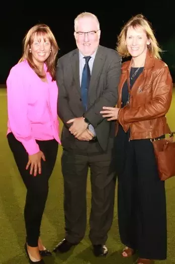 Augher Central Primary School Principal Andrea Sawyers with Education Authority guests at the opening of the MUGA pitch