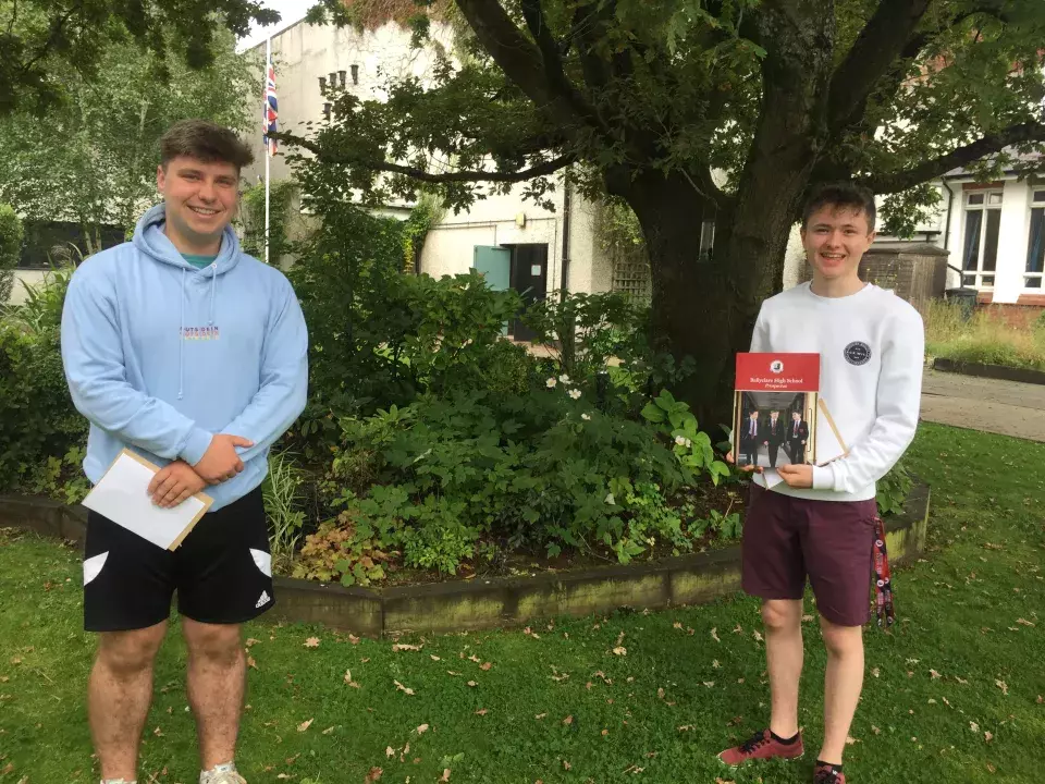 Ballyclare High pupils Matthew Orr and Timothy Moore celebrating their A level results