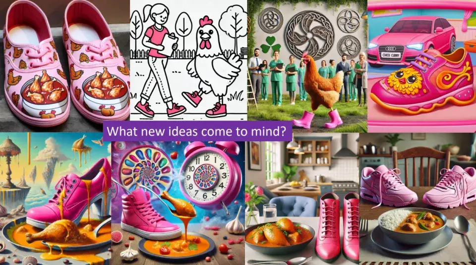 Example of AI generated images pink shoes and chickens