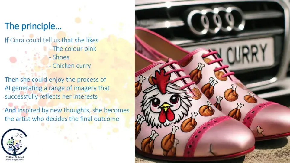Image of pink shoes with a chicken's face with a car registration in the background