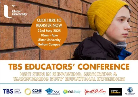 Taking Boys Seriously conference 2025 graphic - photo of boy standing against a wall with text relating to conference and logos for supporting organisations