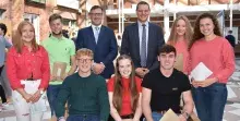 Pupils from Banbridge Academy celebrate results with Principal and CCEA Chief Executive