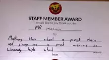 Appreciation card for Mr Mornin