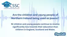 Light blue graphic with question 'Are the children and young people of NI being used as pawns? 