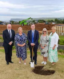 Ballycastle shared education campus photo with Ian Williamson, Ballycastle High School, Eve Bremner, Chief Executive, CCMS, Education Minister, Paul Givan, Jayne Millar, Head of Education Services, CSSC and Geraldine Duffy, Cross and Passion College