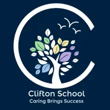 Clifton Special School logo - a tree in a 'C' shaped letter with words Clifton School, Caring Brings Success