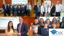 Left to right  Photo (1) Paul Givan, Education Minister; Thornfield House Special School and Mark Baker, Chief Executive, CSSC. Photo (2) Peter Martin MLA; Mark Baker, Chief Executive, CSSC; Jayne Millar, Head of Education Support, CSSC; David Brooks MLA and David Malcom, Permanent Secretary, Department of Education. Photo (3)  Emma Hylands, Principal, Clare Primary School being presented an award by Paul Givan, Education Minister. Photo (4) Close up of pupils from Thornfield House Special School choir. 