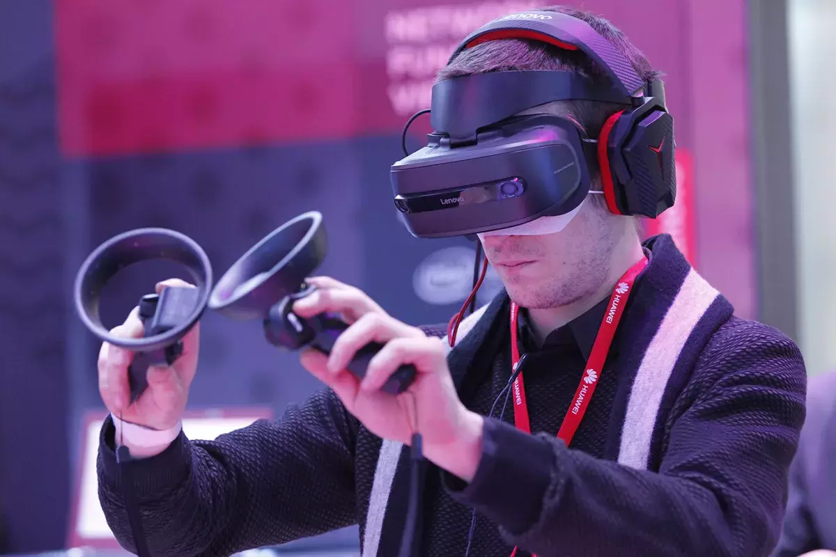 A person testing virtual reality equipment 