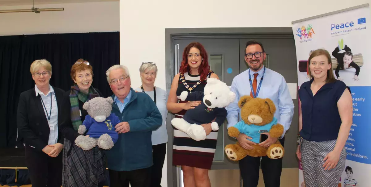 Cllr Lindsay Millar with Principal of Castle Tower School Raymond McFeeters and Jacqueline Coulter, Principal of Ballymena Nursery with guests. 