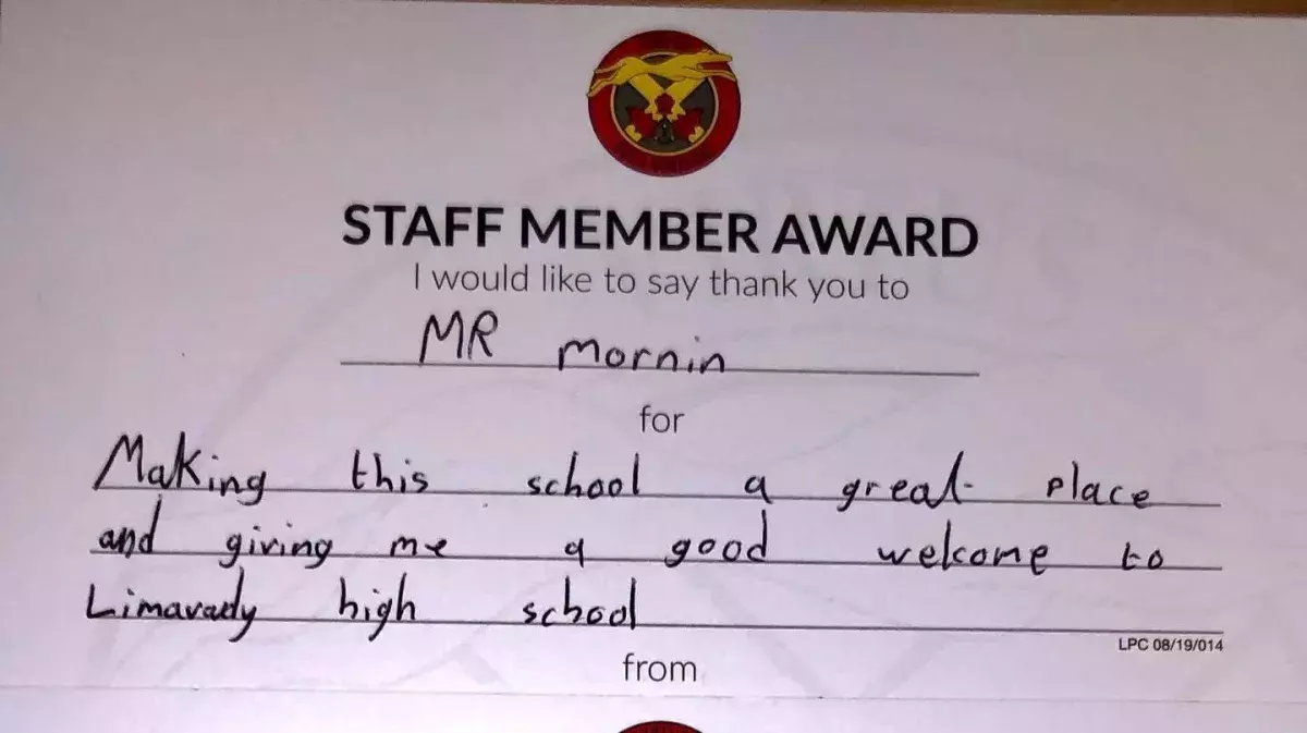 Appreciation card for Mr Mornin