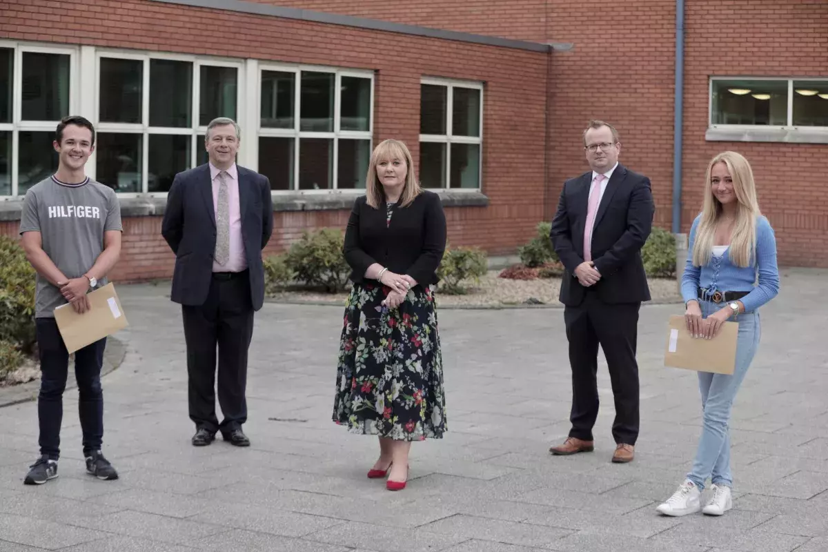 CSSC and Education Minister Michelle McIlveen at Regent House School A level results day 2021