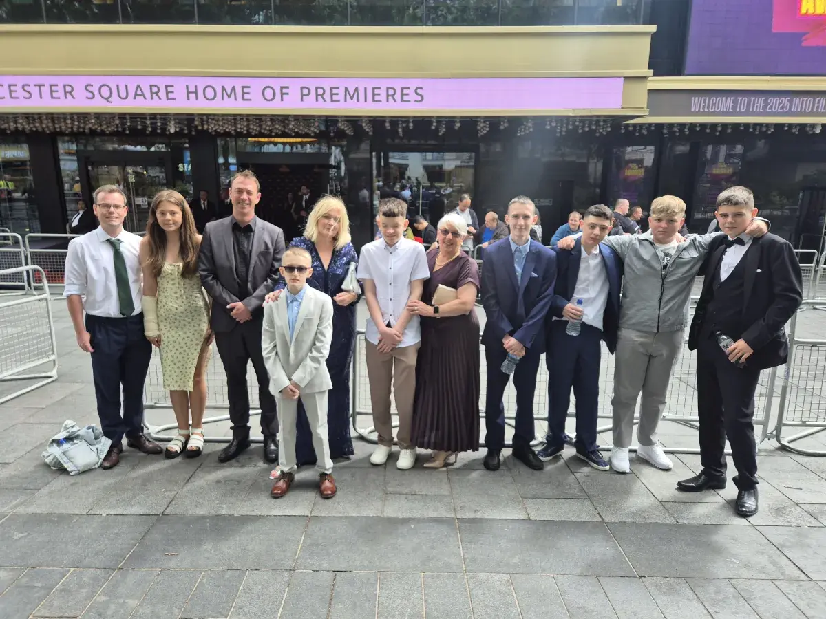 Park School outside Leicester Square Odeon, London 