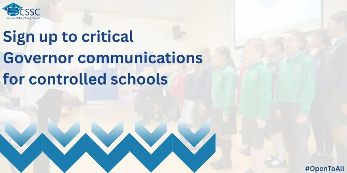 Image of pupils singing in a choir lead by teacher.  Words say: Sign up to critical Governor communicators for controlled schools with arrow pointing downwards