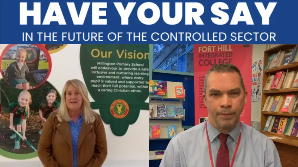Image of two school Principals encouraging school leaders to complete the DE's consultation on the future of controlled schools