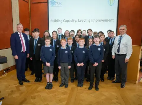 Paul Givan Education Minister, Mark Baker, Chief Executive, CSSC with Thornfield House Special School 